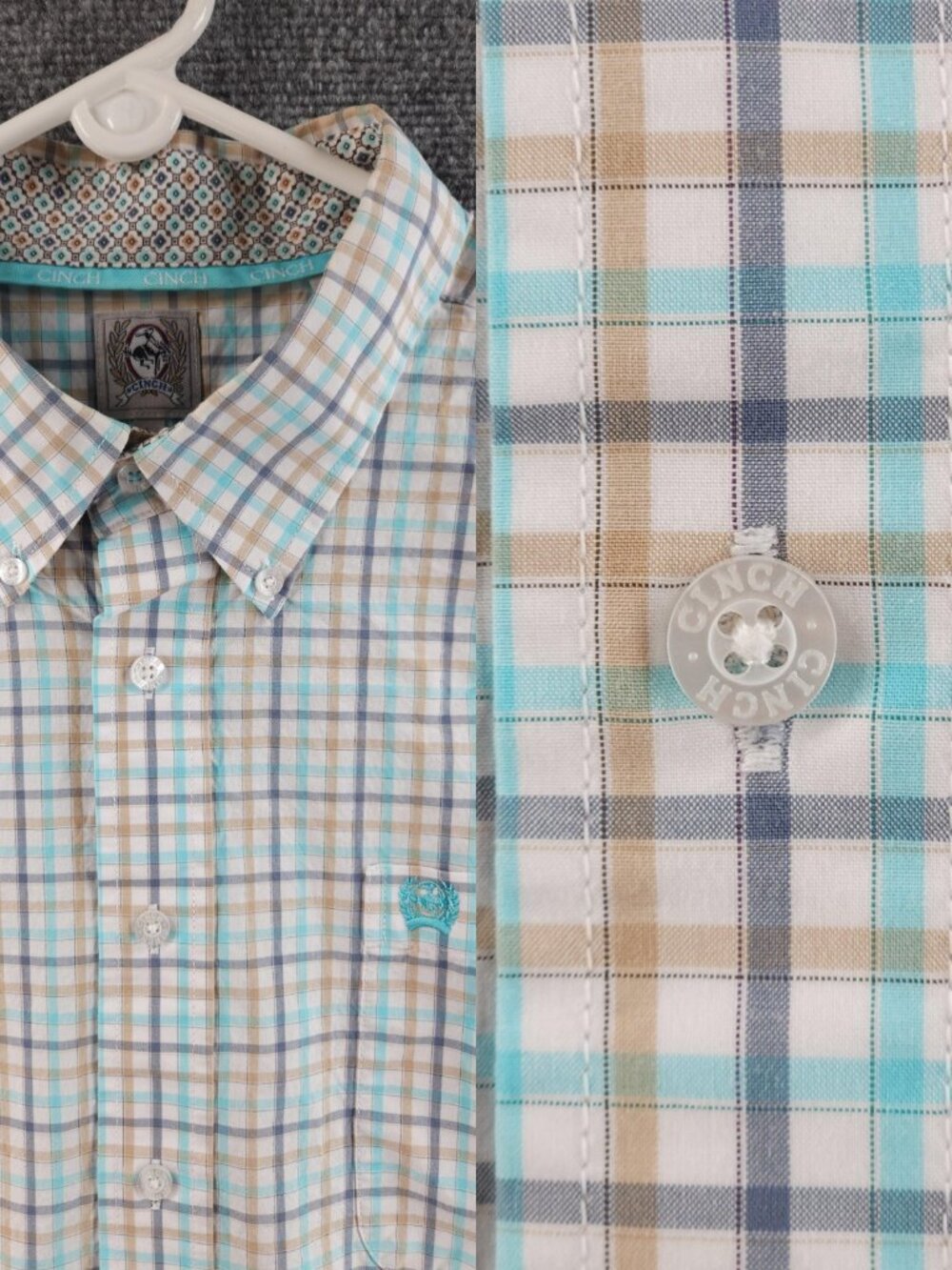 Cinch Blue Gold Large Button-Down Plaid Cotton Pocket Long Sleeve Shirt Mens